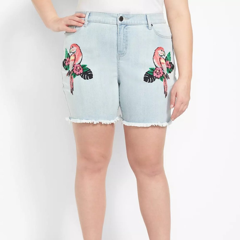 Lane Bryant Embroidered Bird Boyfriend Midi Fit Denim Shorts Plus Size 3…